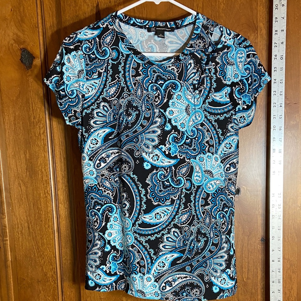 INC International Concepts Turquoise, Teal and Black Paisley Top, Size S